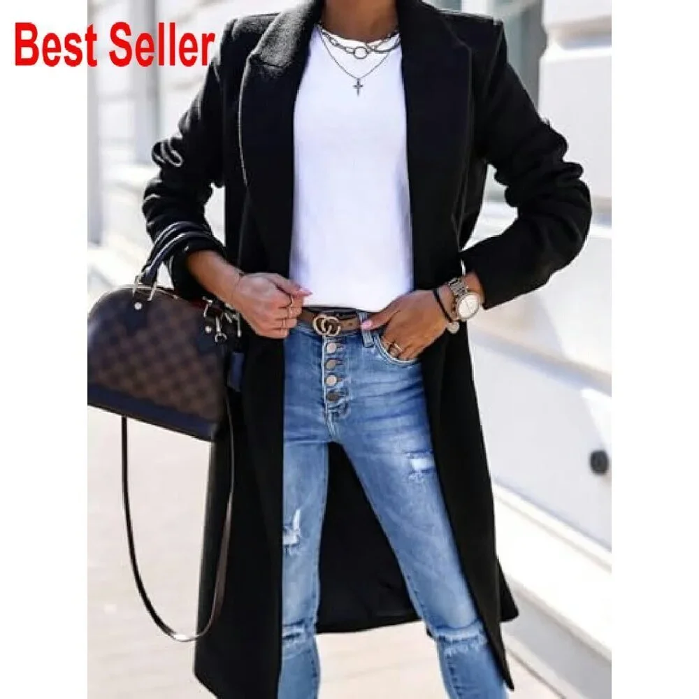 Long Wool Trench Coat Double Breasted Peacoat Classic Elegant Slim Fit Overcoat